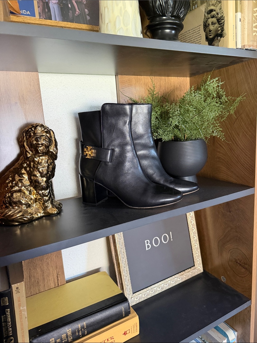 Tory Burch Black Leather Ankle Boots with Gold Logo Buckle